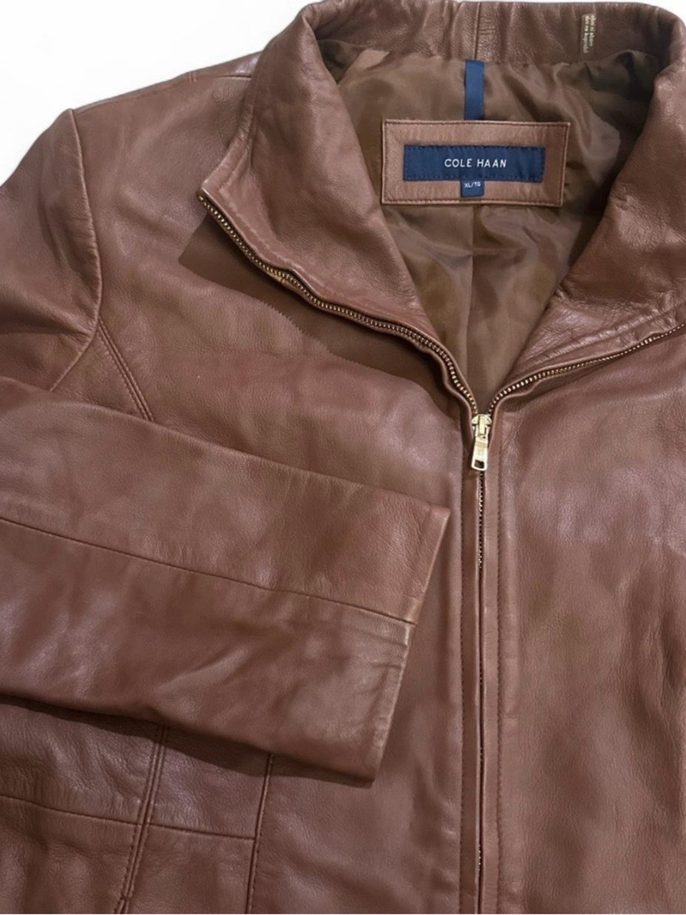 Cole Haan Brown Leather Bomber Jacket with Zip